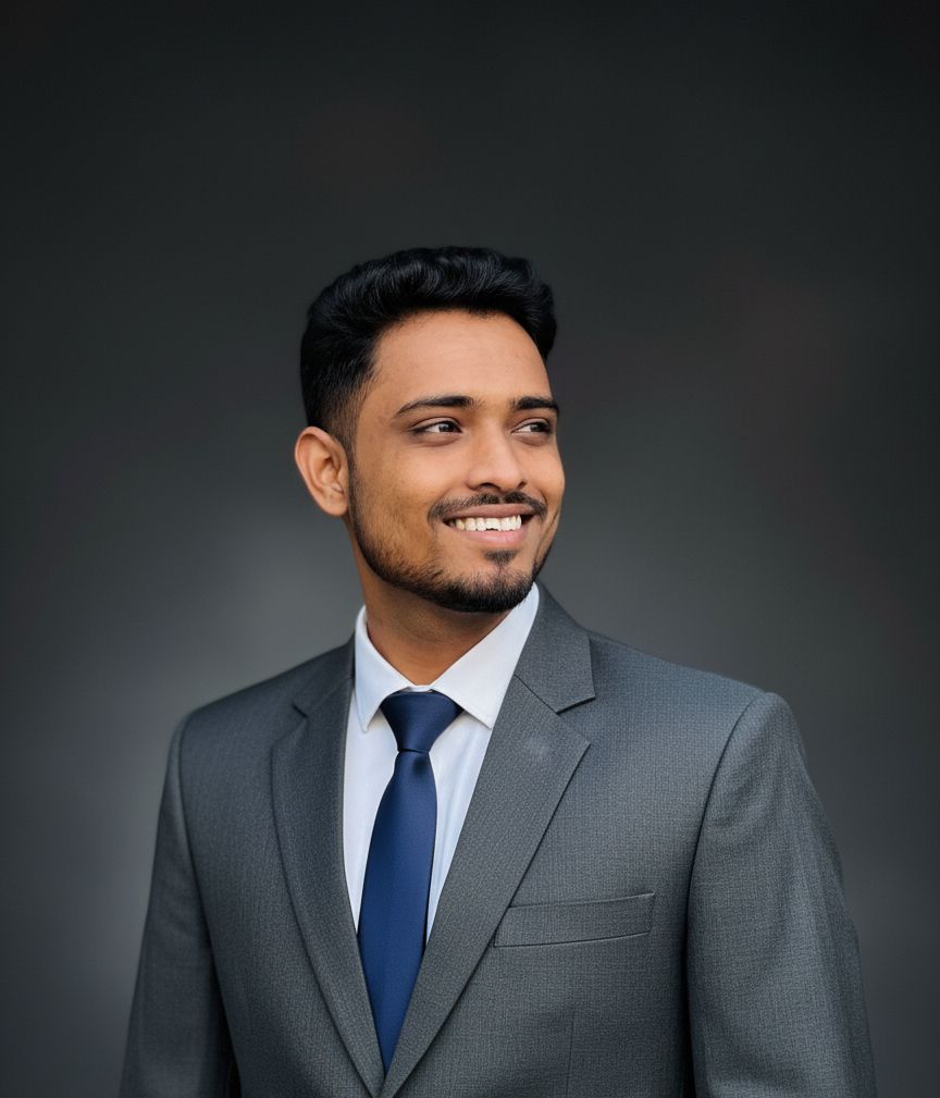 Portrait of Azaz Ahmed Eraj in a charcoal suit and navy tie against a dark grey backdrop